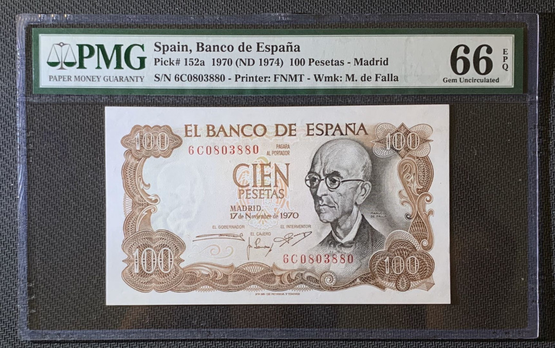 紫瑗钱币—微拍第63期—纸币场  西班牙 1970年 100比塞塔 PMG 66 EPQ （P-152a）