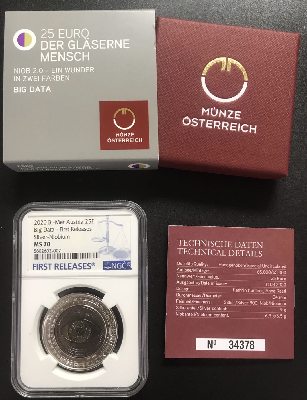 【随心拍&GetCoins】现代钱币拍卖五十二期 奥地利2020年银铌双金属系列大数据25欧纪念银币NGC70首期蓝标