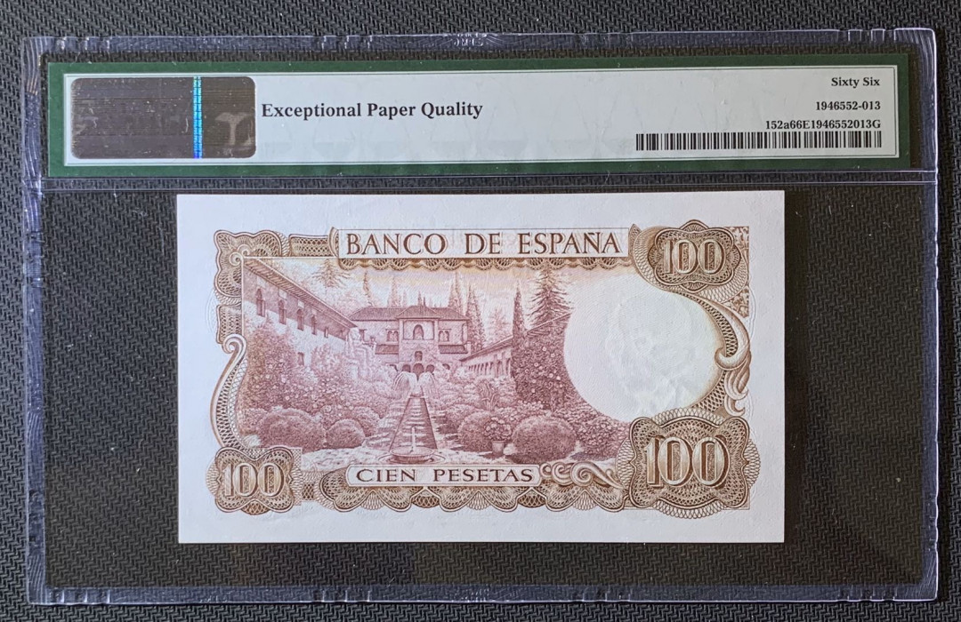 紫瑗钱币—微拍第63期—纸币场  西班牙 1970年 100比塞塔 PMG 66 EPQ （P-152a）