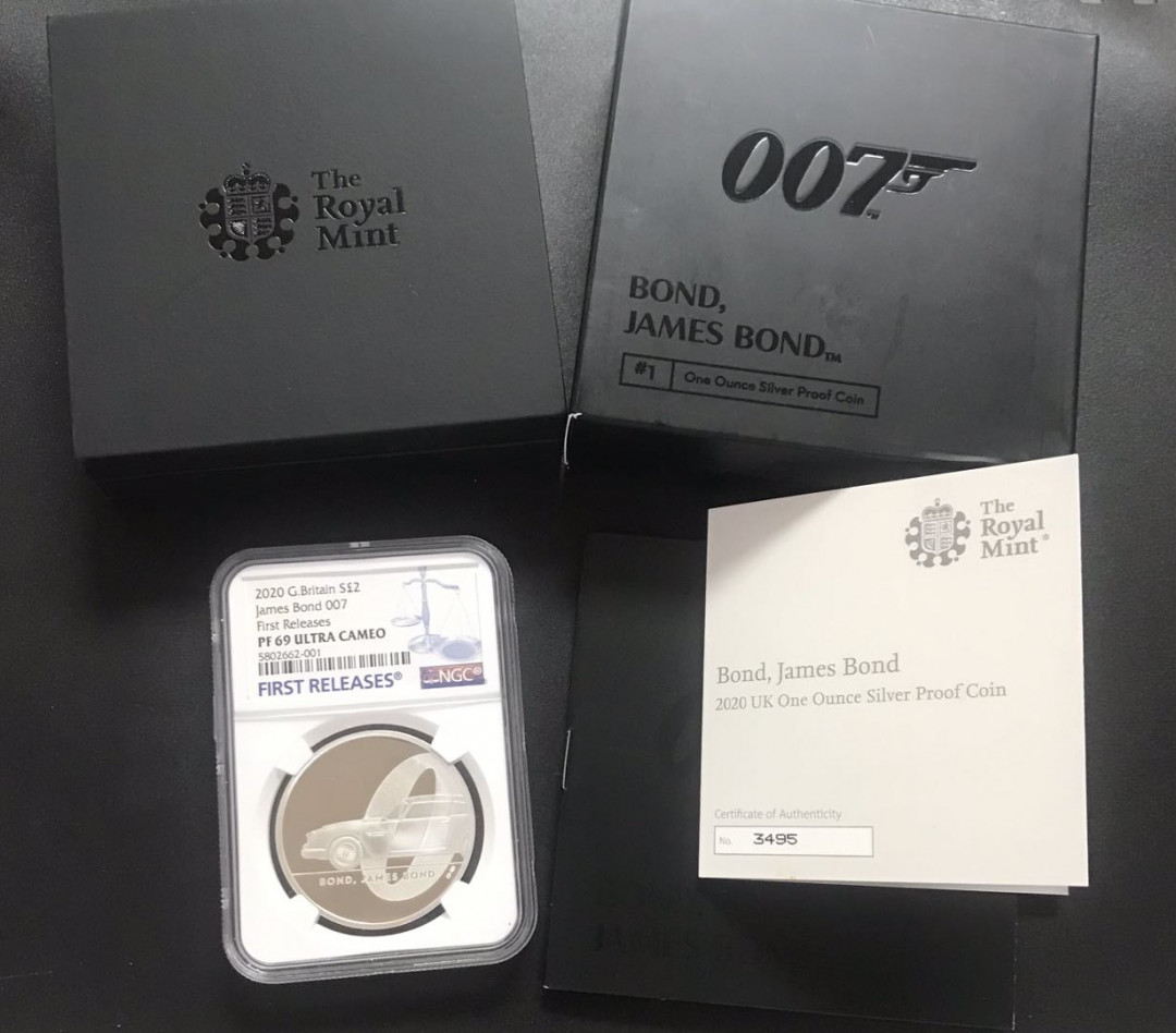 【随心拍&GetCoins】现代钱币拍卖五十二期 英国2020年007詹姆斯邦德系列永远的邦德1盎司银币NGC69首期蓝标
