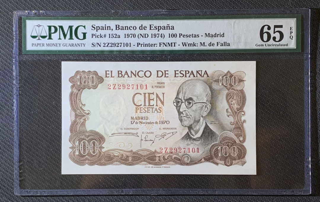 紫瑗钱币—微拍第63期—纸币场  西班牙 1970年 100比塞塔 PMG 65 EPQ （P-152a）