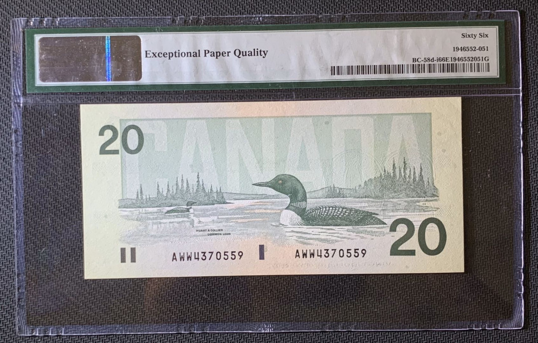 紫瑗钱币—微拍第63期—纸币场  加拿大 1991年 野鸭 20元 PMG 66 EPQ