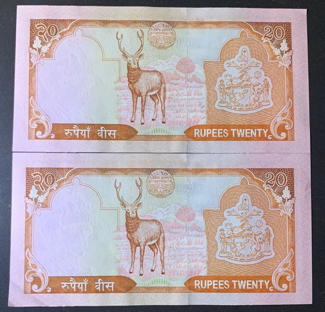 紫瑗钱币—微拍第63期—纸币场  尼泊尔 2002年 20卢比 2枚一组 轻微流通品