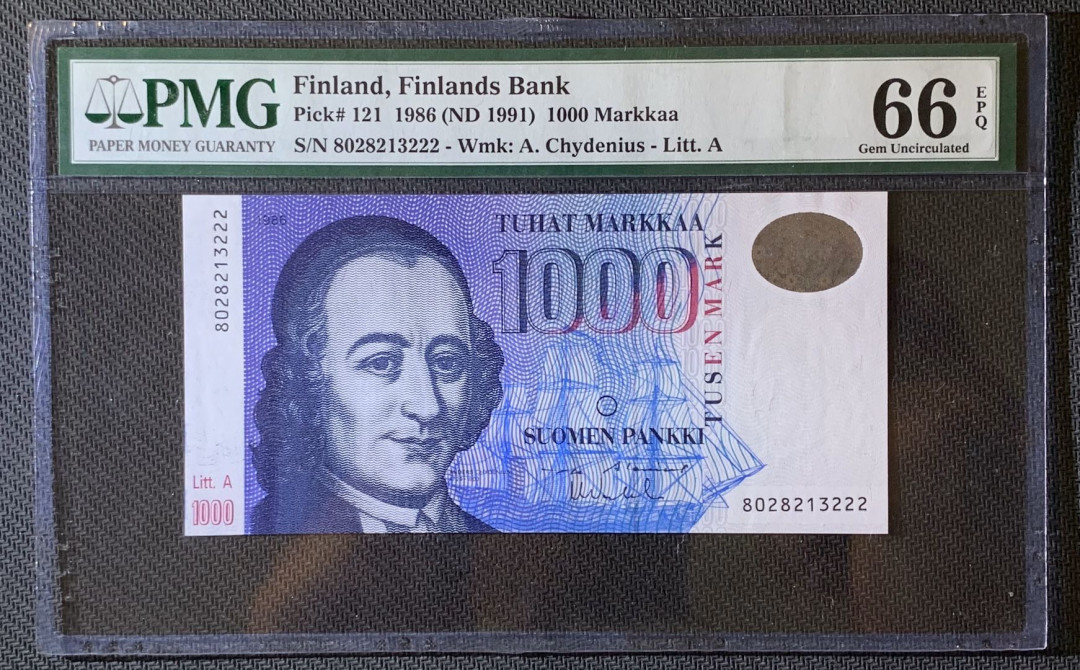 紫瑗钱币—微拍第63期—纸币场  芬兰 1991年 1000马克 PMG 66 EPQ （P-121）