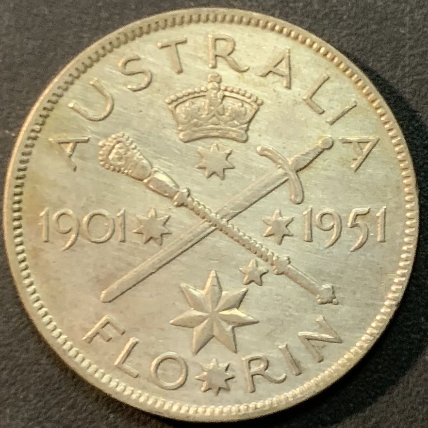 紫瑗钱币—微拍第64期  澳大利亚 1951年 乔治六世 50周年 1佛罗林 11.31克 0.5银 