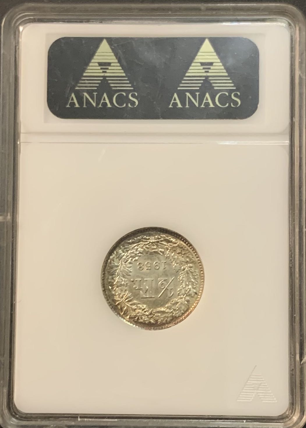 紫瑗钱币—微拍第64期  瑞士 1958年 1/2法郎 ANACS MS64 经典小白盒