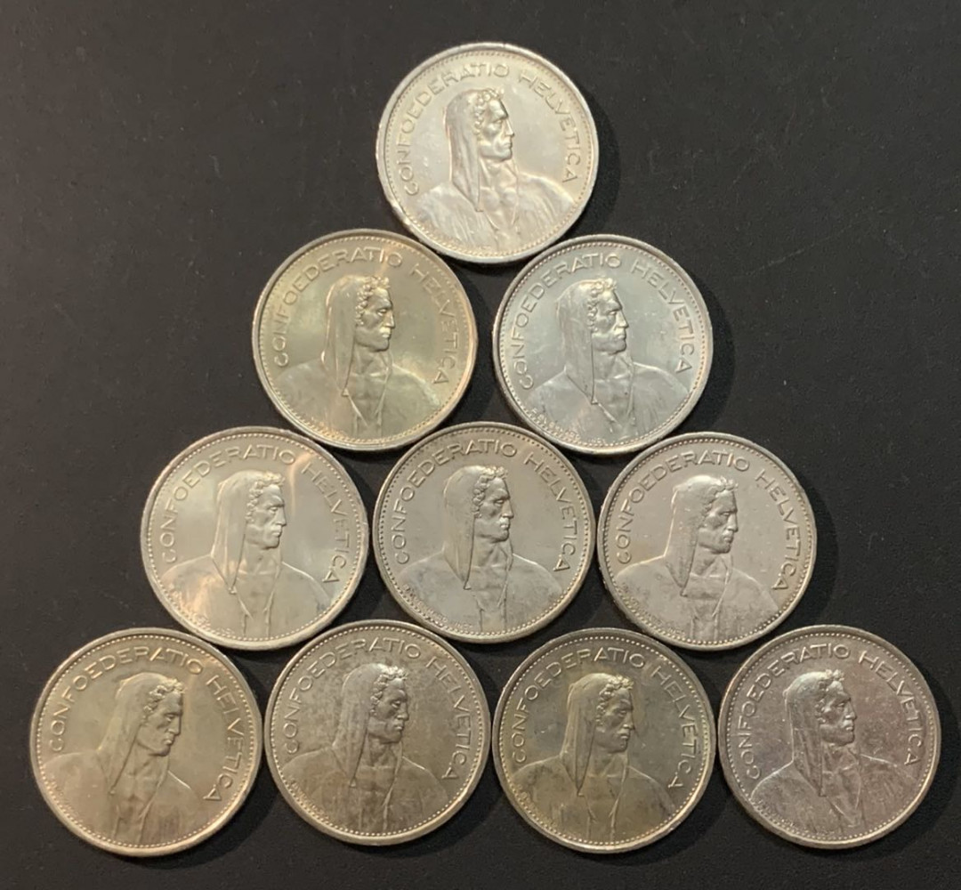 紫瑗钱币—微拍第64期  瑞士 1931—1967年 5法郎 10枚一组 共150克 0.835银