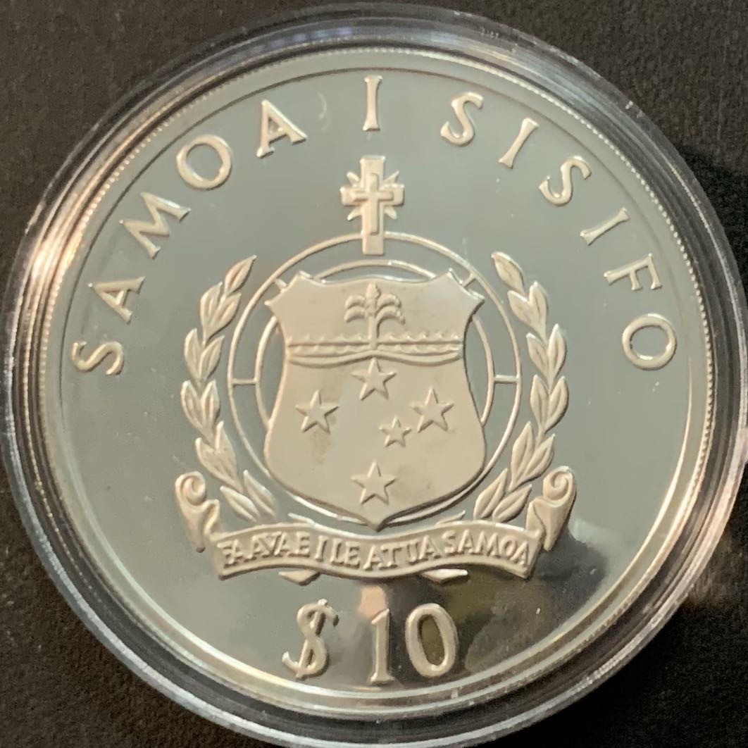 紫瑗钱币—微拍第64期  萨摩亚 1991年  巴塞罗那奥运会 铅球 10元 31.47克 0.925银 精制
