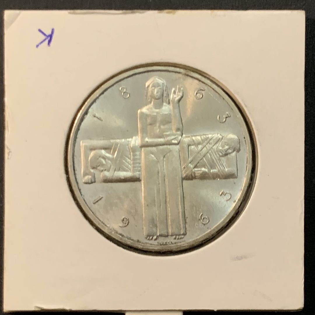 紫瑗钱币—微拍第64期  瑞士 1963年 红十字一百周年 5法郎 15克 0.835银 BU