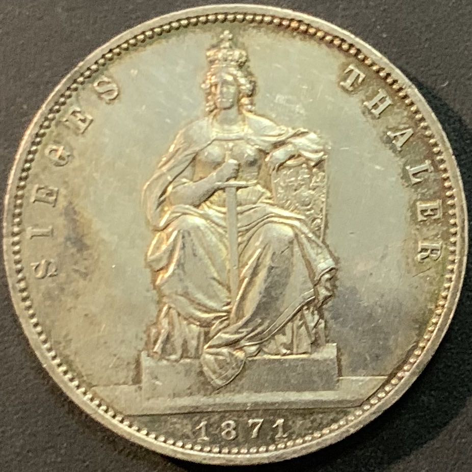 紫瑗钱币—微拍第64期  德国 普鲁士 1871年  普法战争 1泰勒 18.52克 0.9银