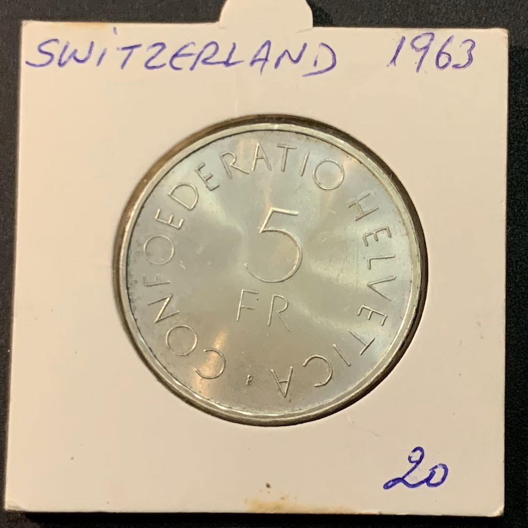 紫瑗钱币—微拍第64期  瑞士 1963年 红十字一百周年 5法郎 15克 0.835银 BU
