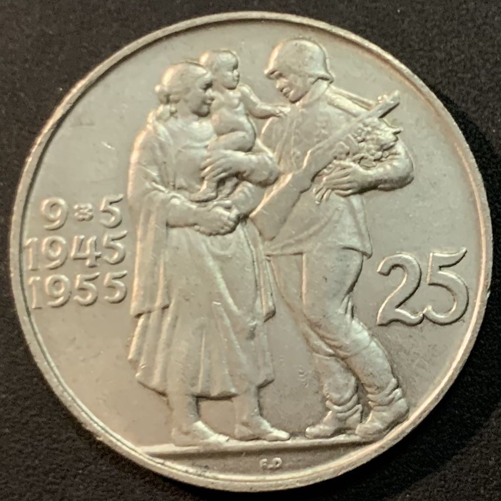 紫瑗钱币—微拍第64期  捷克斯洛伐克 1955年 从德国解放10周年 25克朗 16克 0.5银