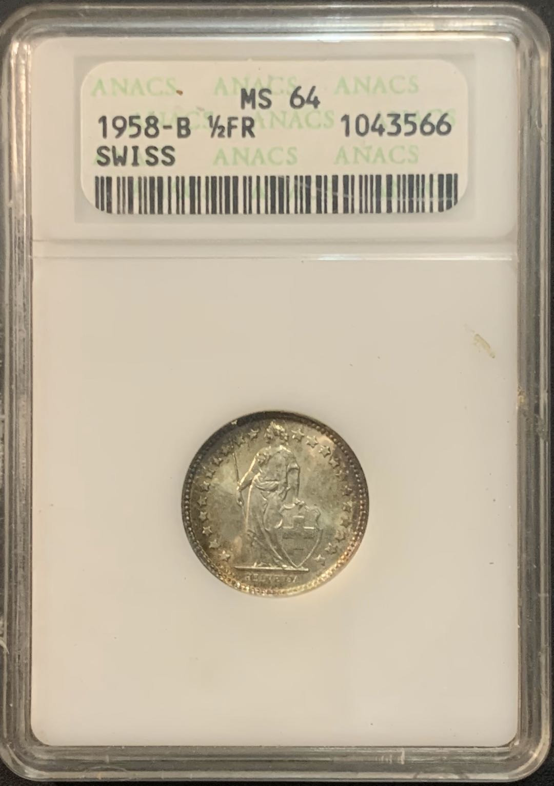紫瑗钱币—微拍第64期  瑞士 1958年 1/2法郎 ANACS MS64 经典小白盒