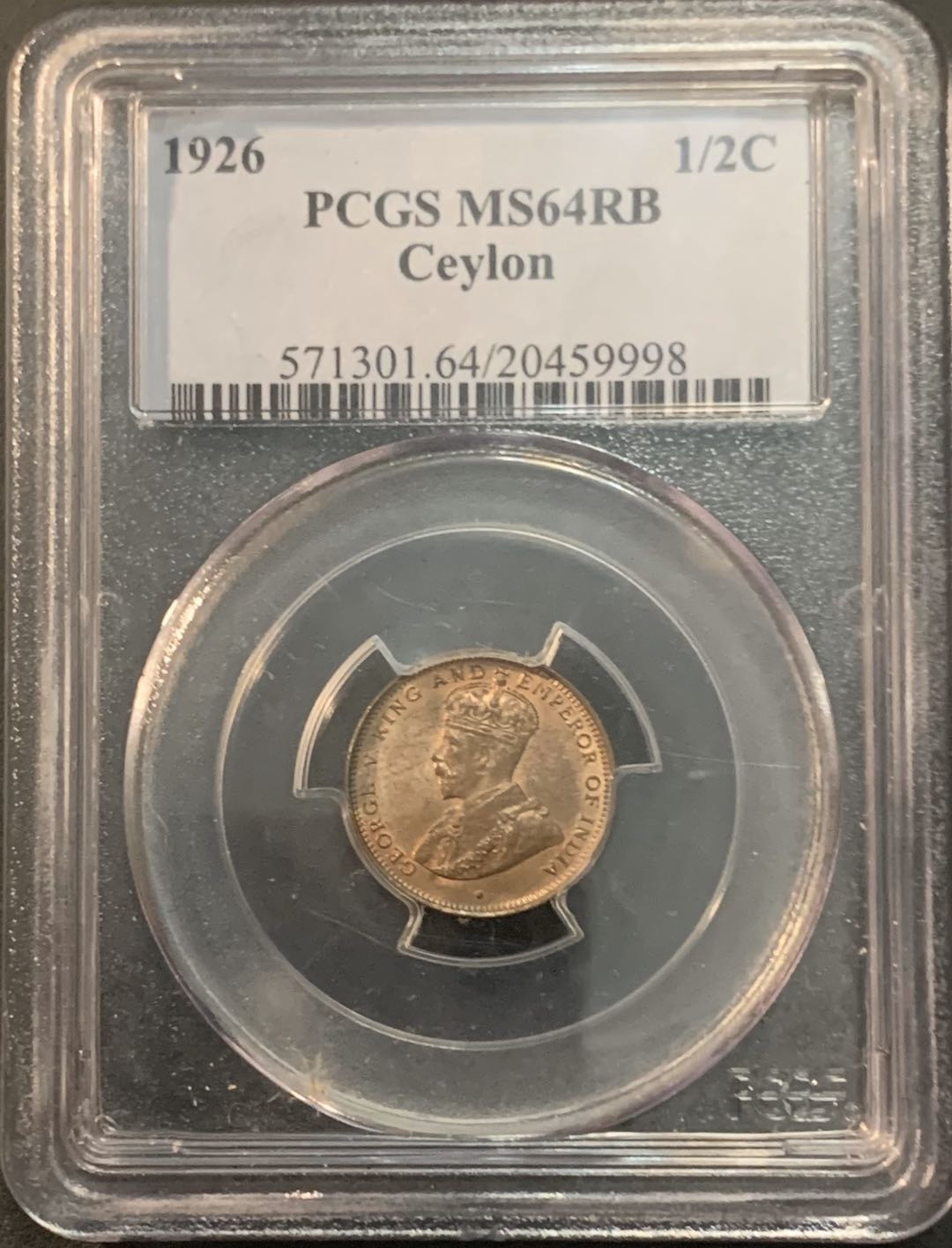 紫瑗钱币—微拍第64期  锡兰 1926年 乔治五世 1/2分 PCGS MS64 RB