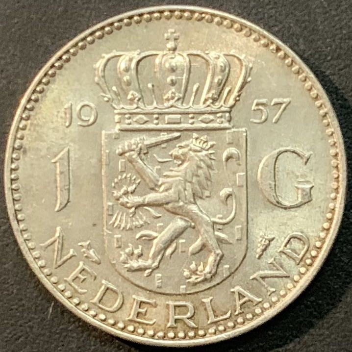 紫瑗钱币—微拍第64期  荷兰 1957年 1盾 银币 6.5克 0.72银 UNC