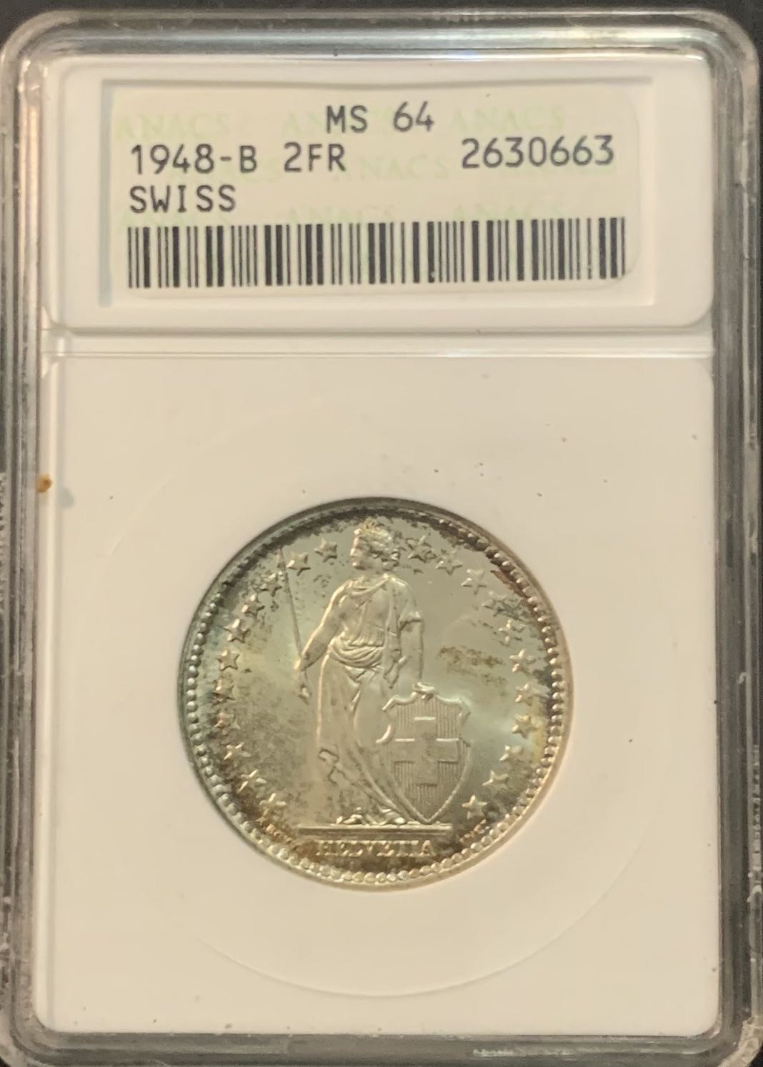 紫瑗钱币—微拍第64期  瑞士 1948年 2法郎 ANACS MS64 经典小白盒