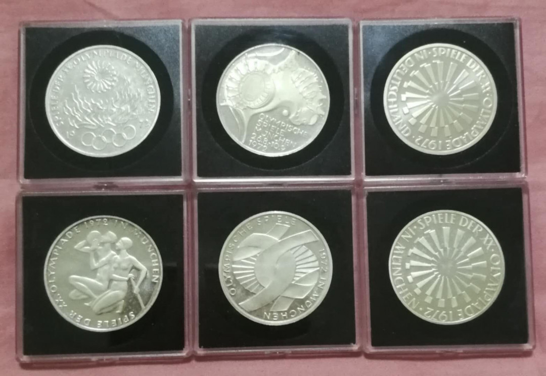 北京马甸外国币专卖第七期，陆续上新，欢迎关注 1972年德国慕尼黑奥运会纪念银币6枚/套，每枚15.5克，625银