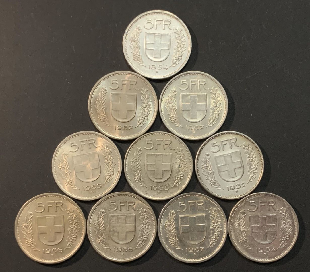 紫瑗钱币—微拍第64期  瑞士 1931—1967年 5法郎 10枚一组 共150克 0.835银