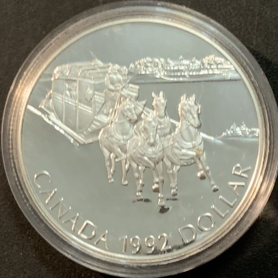 紫瑗钱币—微拍第64期  加拿大 1992年 公共马车服务 1元 25.17克 0.925银 精制