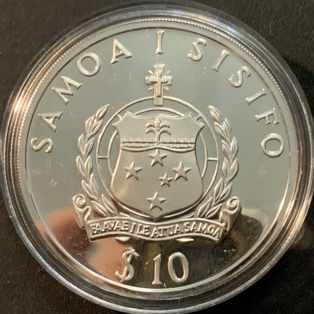 紫瑗钱币—微拍第64期  萨摩亚 1991年  92巴塞罗那奥运会 标枪 10元 31.47克 0.925银 精制