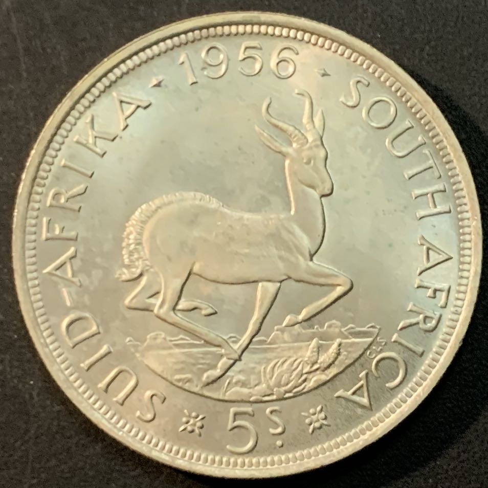 紫瑗钱币—微拍第65期  南非 1956年 伊丽莎白二世  羚羊 5先令 28.28 0.5银 BU