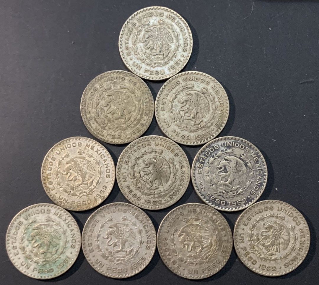 紫瑗钱币—微拍第65期  墨西哥 1957—1967 人物 1比索 10枚一组 共160克 0.1银