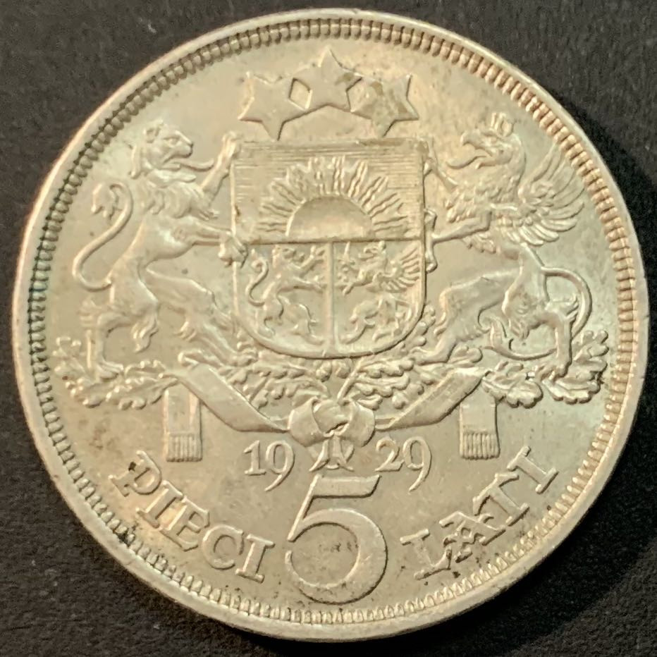 紫瑗钱币—微拍第75期  拉脱维亚 1929年 女神 5拉特 25克 0.835银 UNC