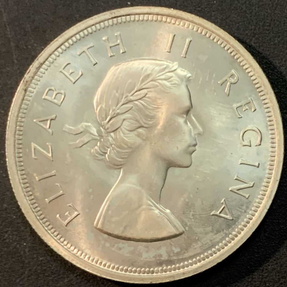 紫瑗钱币—微拍第65期  南非 1956年 伊丽莎白二世  羚羊 5先令 28.28 0.5银 BU