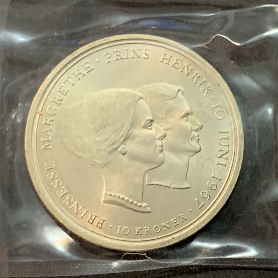 紫瑗钱币—微拍第65期  丹麦 1967年 玛格丽特大婚 10克朗 20.4克 0.8银 BU 原封