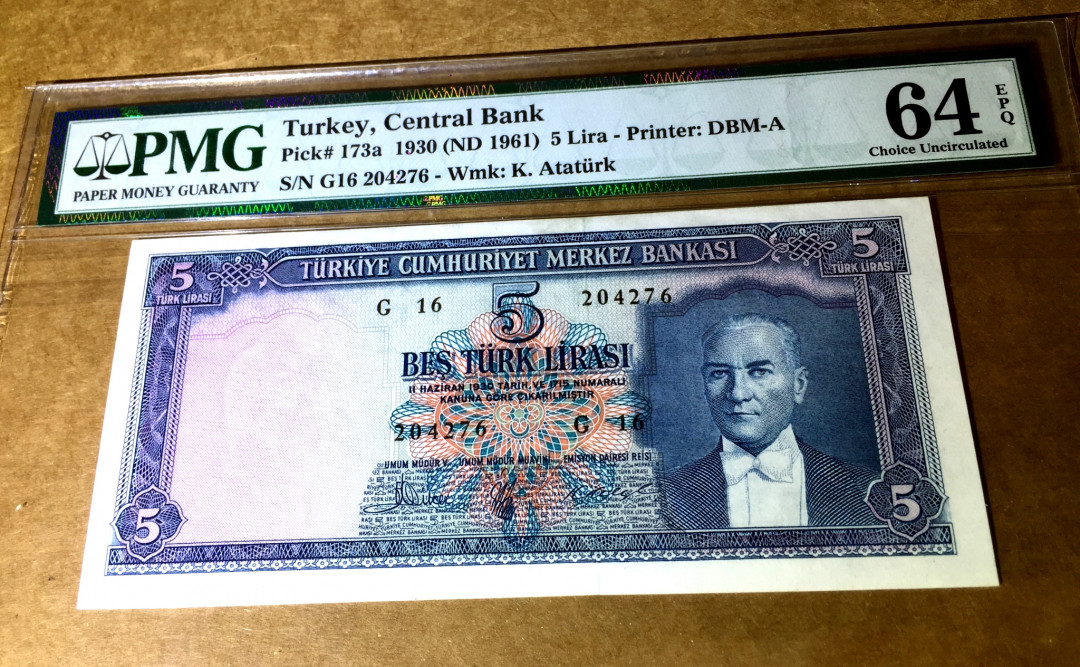【收藏联盟】第140期拍卖——丰收的喜悦（共50拍） 【非常稀少】土耳其 1961年 早期年份 p173a 5里拉 PMG64EPQ 原票 