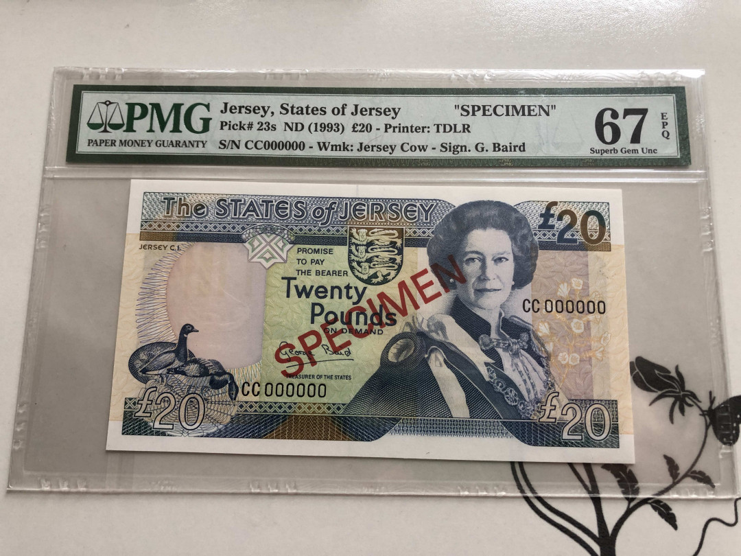 【收藏联盟】第140期拍卖——丰收的喜悦（共50拍） 【样钞】泽西 1993年 20镑 PMG67EPQ 女王纸币