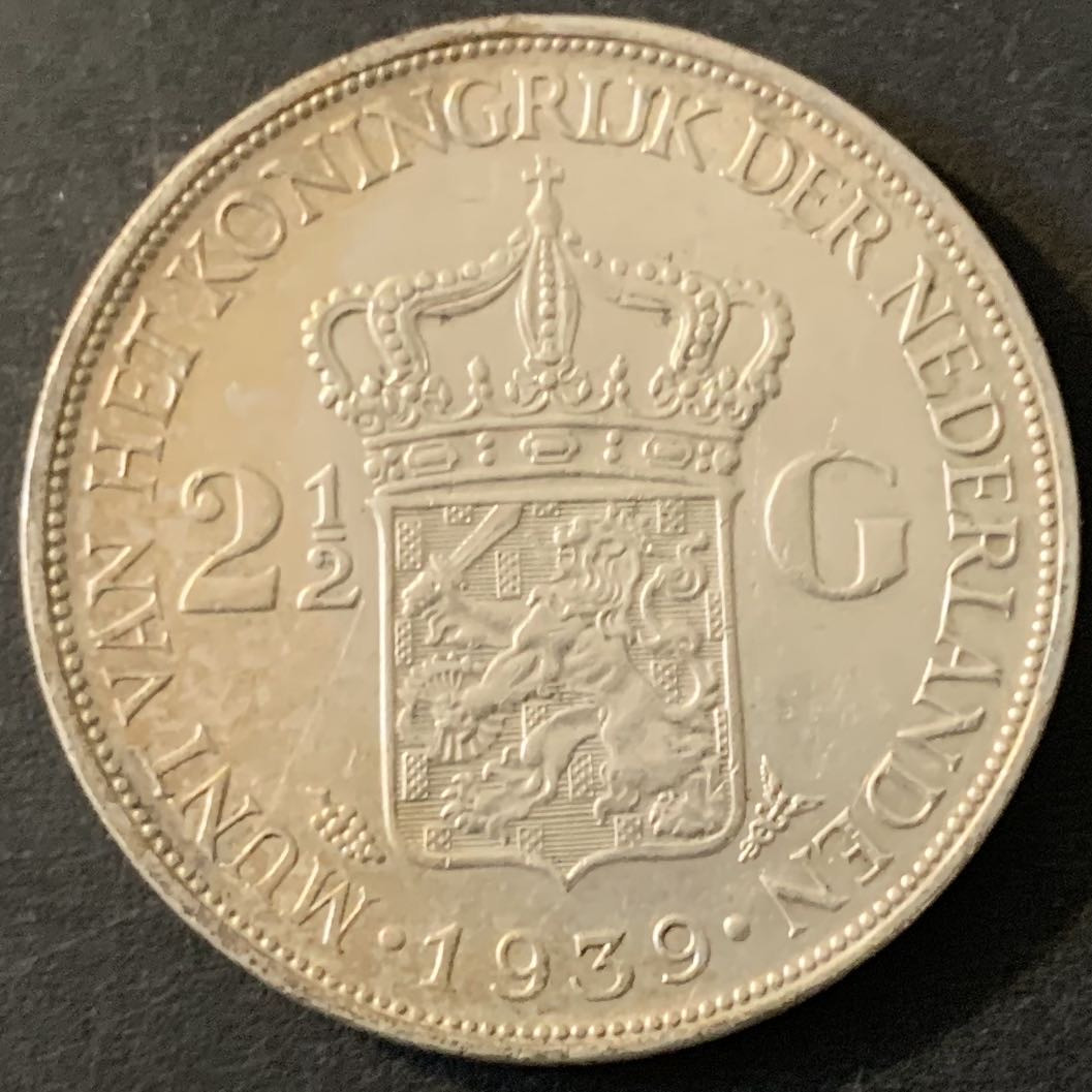 紫瑗钱币—微拍第75期  荷兰 1939年  威廉娜女皇 2.5盾  25克 0.72银