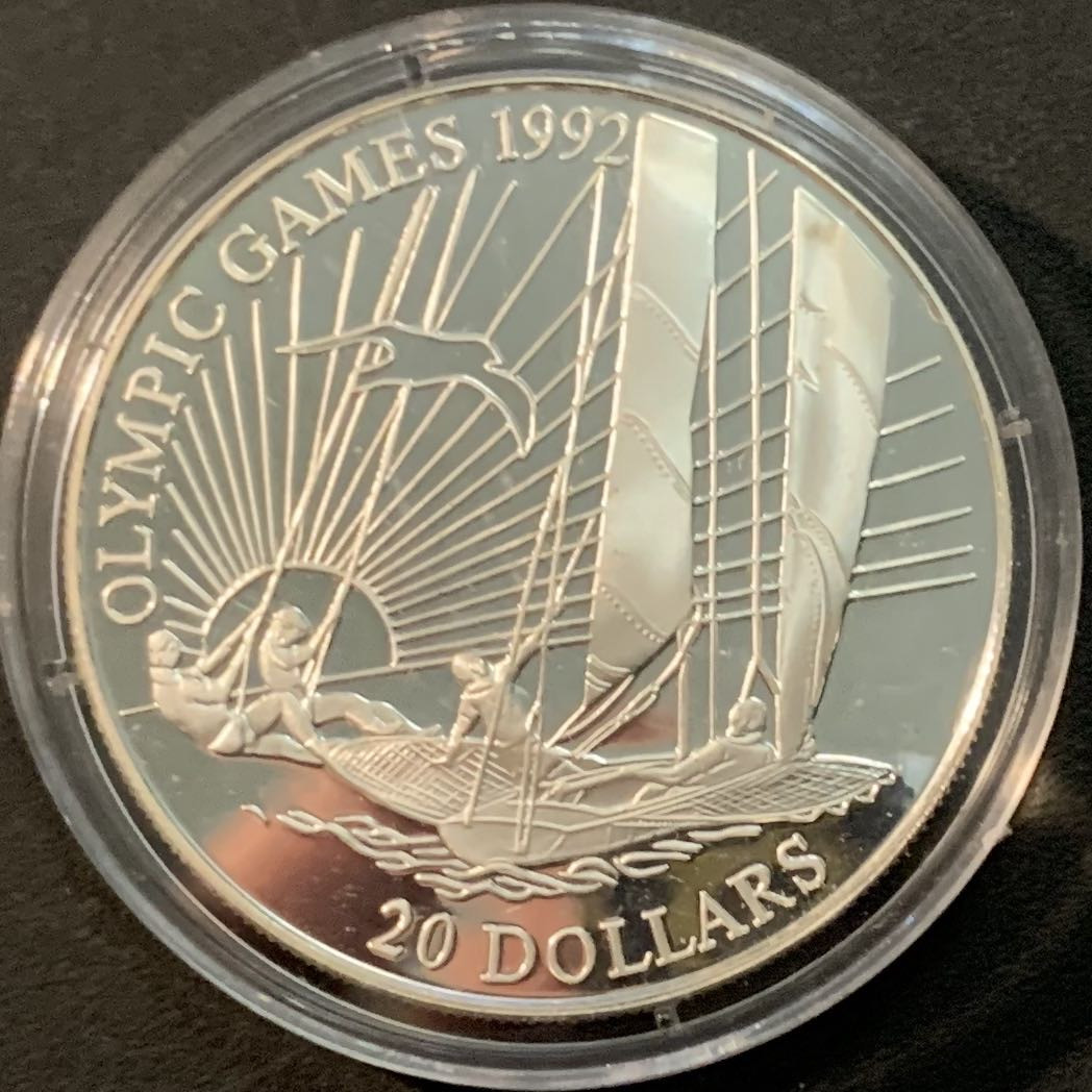 紫瑗钱币—微拍第65期  基里巴斯 1992年 巴塞罗那奥运会 帆船 20元 31.47克 0.925银 精制
