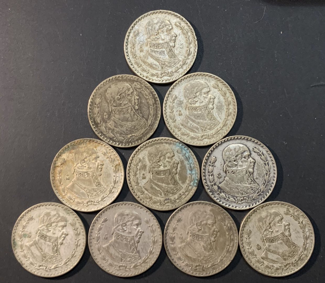 紫瑗钱币—微拍第65期  墨西哥 1957—1967 人物 1比索 10枚一组 共160克 0.1银