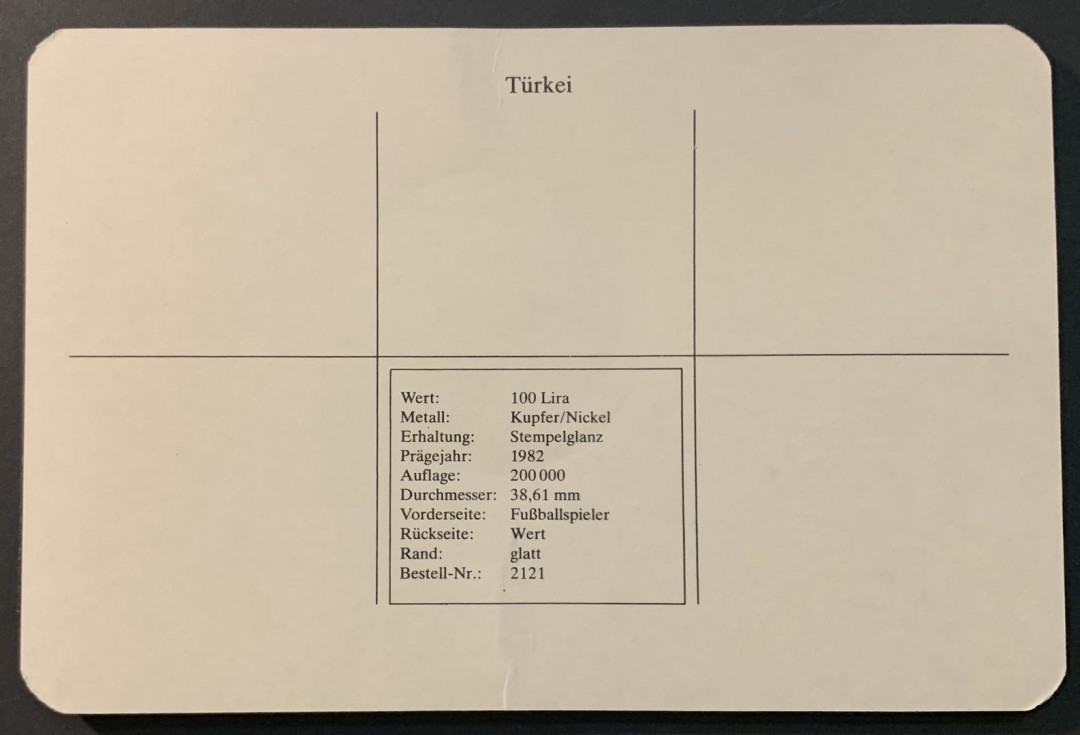 紫瑗钱币—微拍第65期  土耳其 1982年 西班牙世界杯 带球 100里拉 镍币 德国原装卡