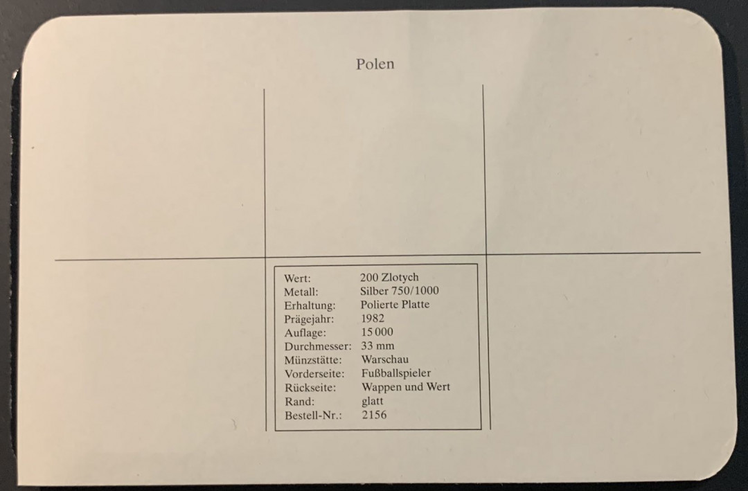 紫瑗钱币—微拍第75期  波兰 1982年 西班牙世界杯 200兹罗提 17.6克 0.75银 精制 德国原装卡
