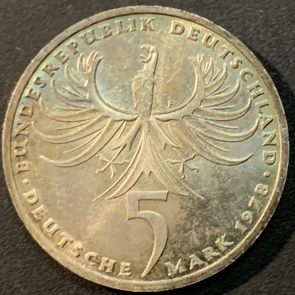 紫瑗钱币—微拍第65期  德国 1978年 F厂  诺依曼225周年 5马克 11.2克 0.625银 