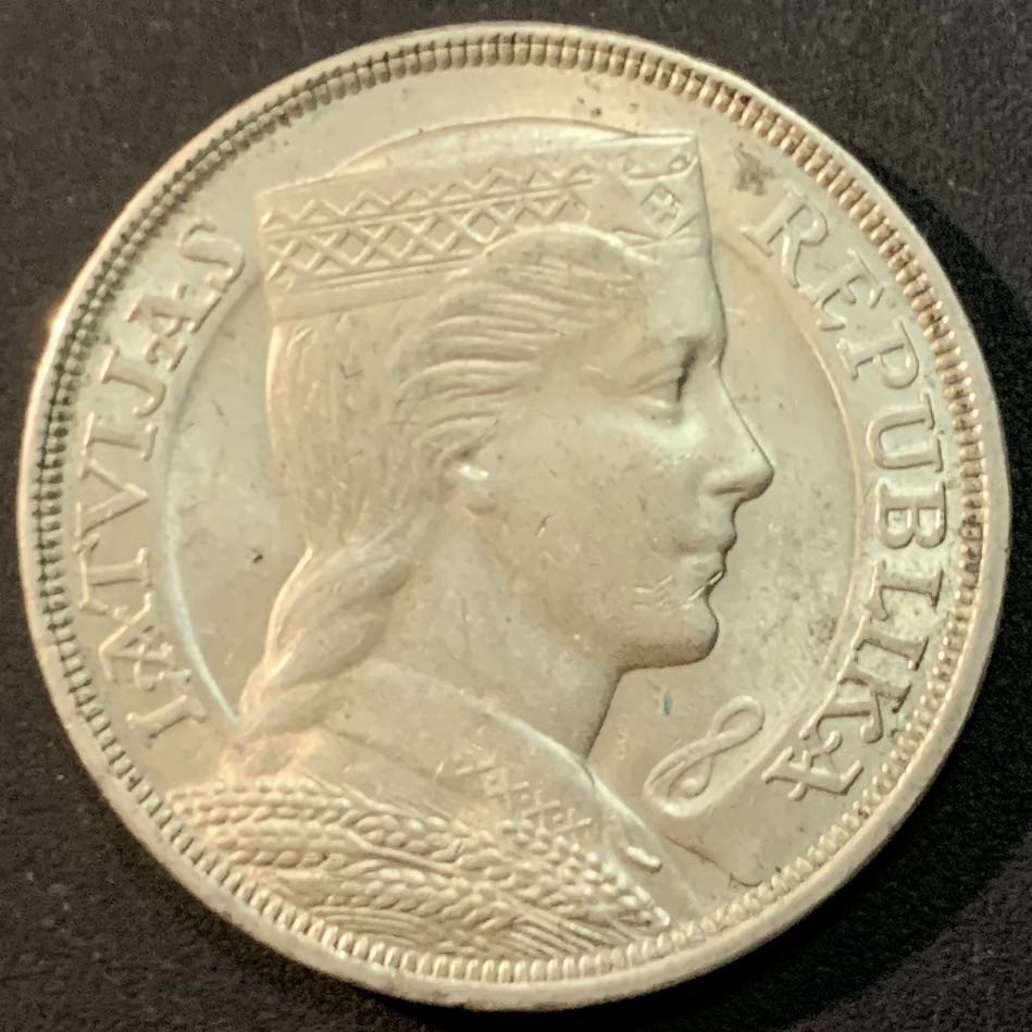 紫瑗钱币—微拍第75期  拉脱维亚 1929年 女神 5拉特 25克 0.835银 UNC