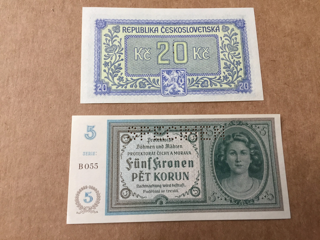 【收藏联盟】第140期拍卖——丰收的喜悦（共50拍） 【一组2张】捷克斯洛伐克 1945年 20克朗 UNC 样钞 &波西米亚和摩拉维亚1940年5克朗 样钞 UNC 漂亮