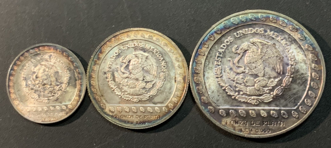 紫瑗钱币—微拍第75期  墨西哥 1992年 鹰人 25 50 100比索 3枚一组 共54.43克 0.999银