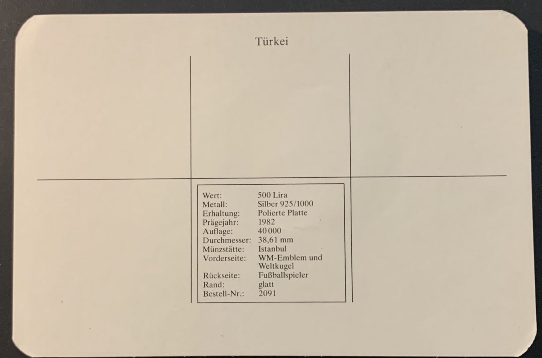 紫瑗钱币—微拍第75期  土耳其 1982年 西班牙世界杯 扑球 500里拉 23.33克 0.925银 精制 德国原装卡