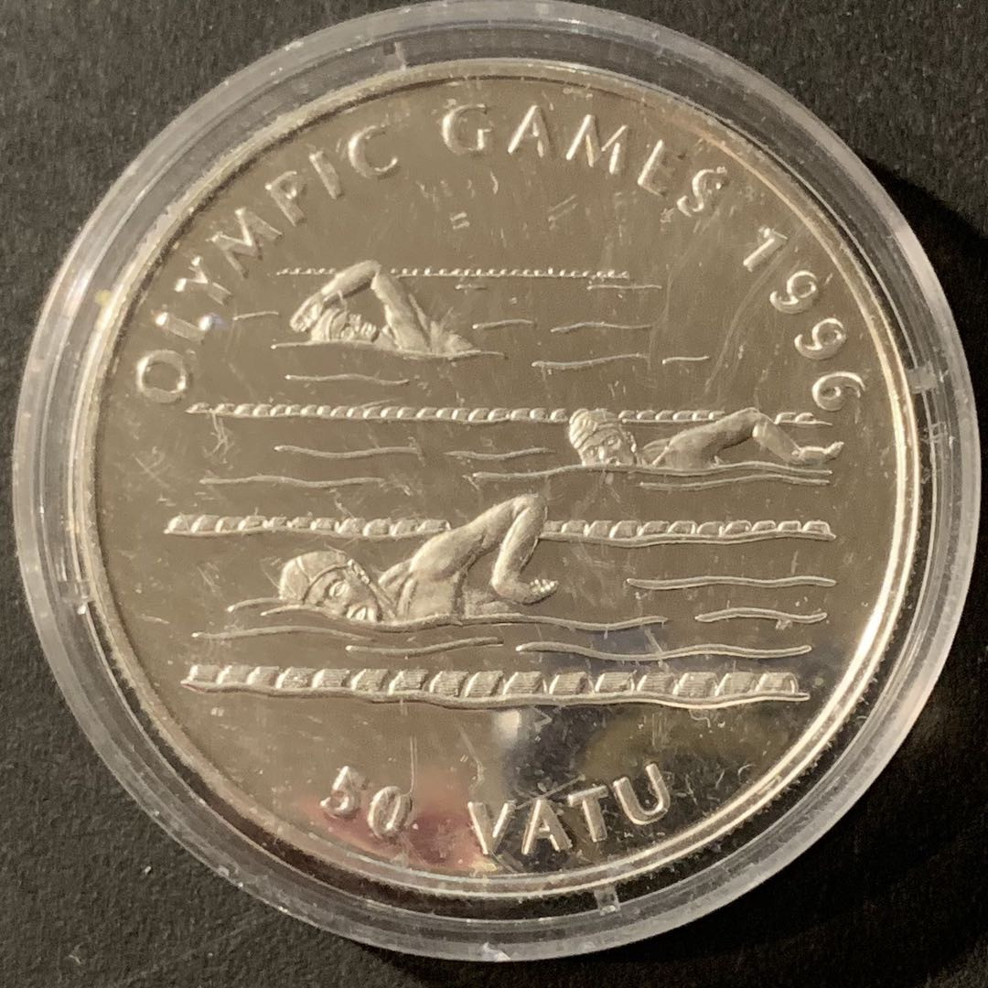 紫瑗钱币—微拍第65期  瓦努阿图 1994年 96亚特兰大奥运会 游泳 50瓦图 31.47克 0.925银 精制
