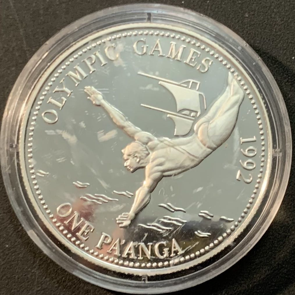 紫瑗钱币—微拍第65期  汤加 1991年 92巴塞罗那奥运会  跳水 1潘加 31.6克 0.925银 精制