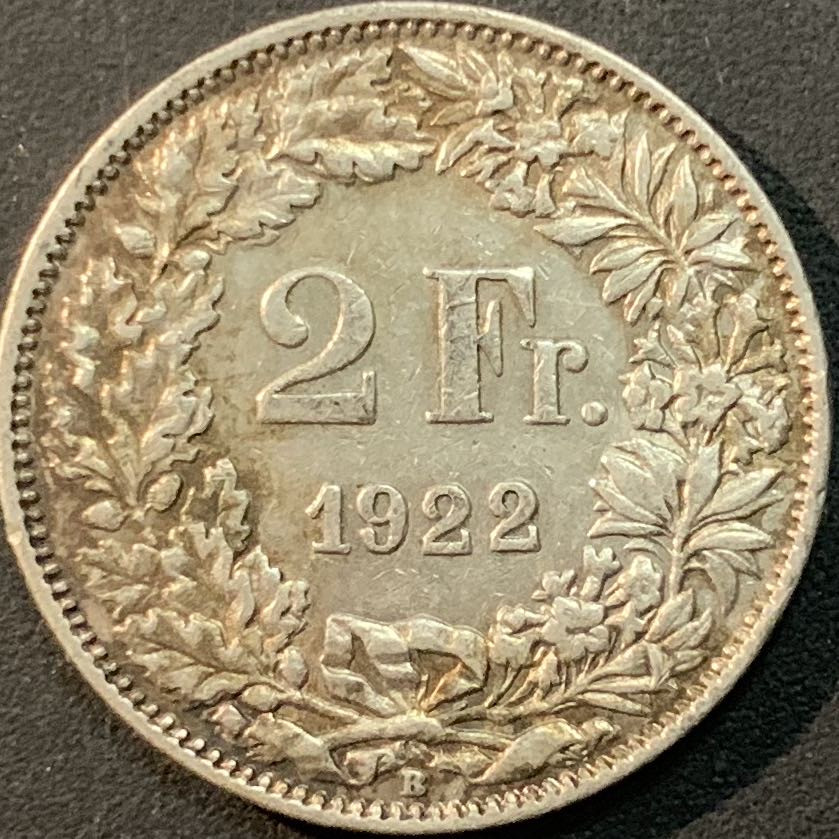 紫瑗钱币—微拍第65期  瑞士 1922年 2法郎 10克 0.835银 