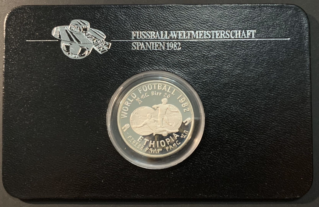 紫瑗钱币—微拍第65期  埃塞俄比亚 1982年 西班牙世界杯 20比尔 23.33克 0.925银 精制 德国原装卡