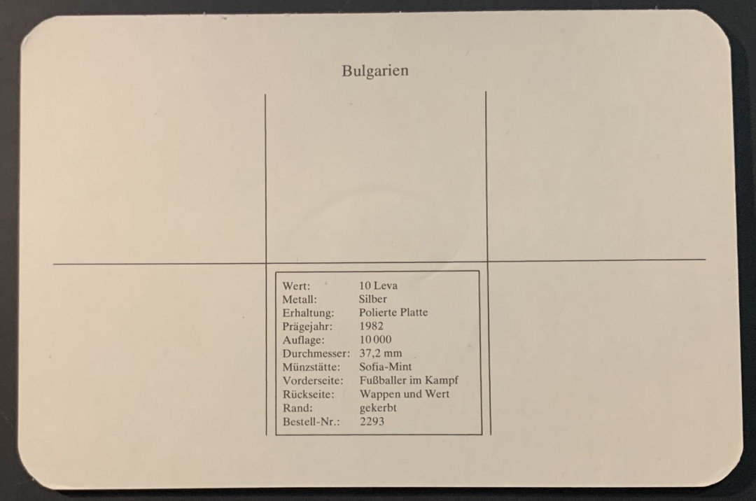 紫瑗钱币—微拍第75期  保加利亚 1982年 西班牙世界杯 抢球 10列弗  18.88克 0.5银 精制 德国原装卡