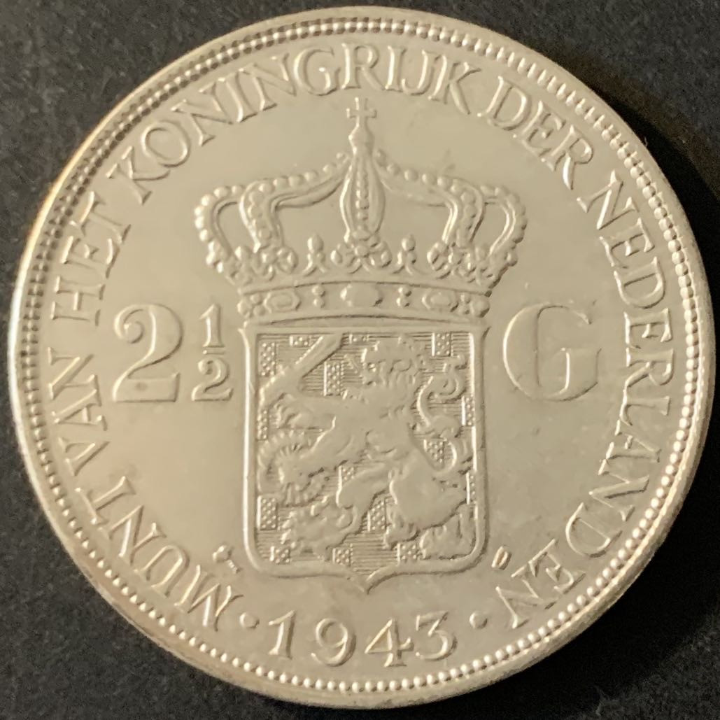 紫瑗钱币—微拍第65期  荷兰 1943年  威廉娜女皇 2.5盾  25克 0.72银