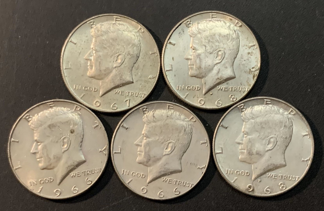 紫瑗钱币—微拍第75期  美国 1965—1970年 肯尼迪 50美分 5枚一组 共57.5克 0.4银