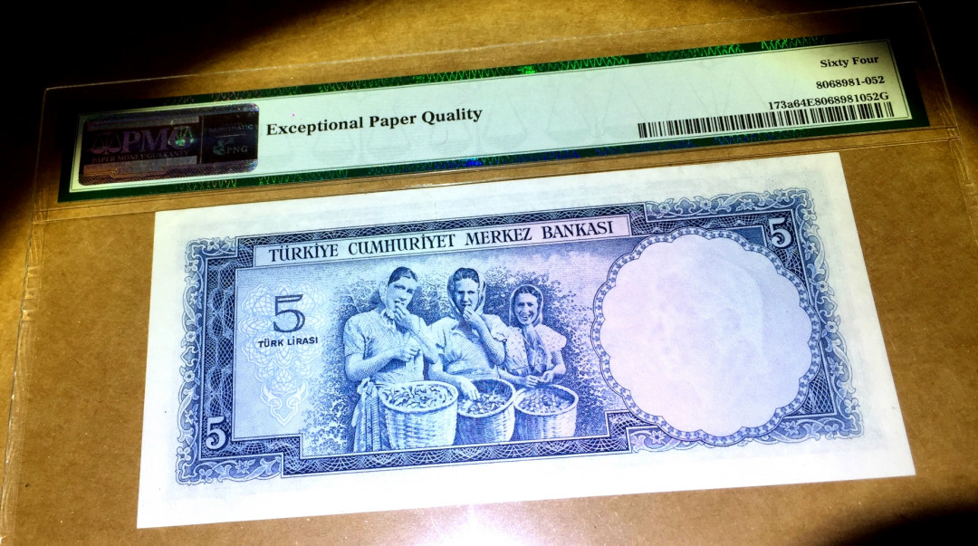 【收藏联盟】第140期拍卖——丰收的喜悦（共50拍） 【非常稀少】土耳其 1961年 早期年份 p173a 5里拉 PMG64EPQ 原票 