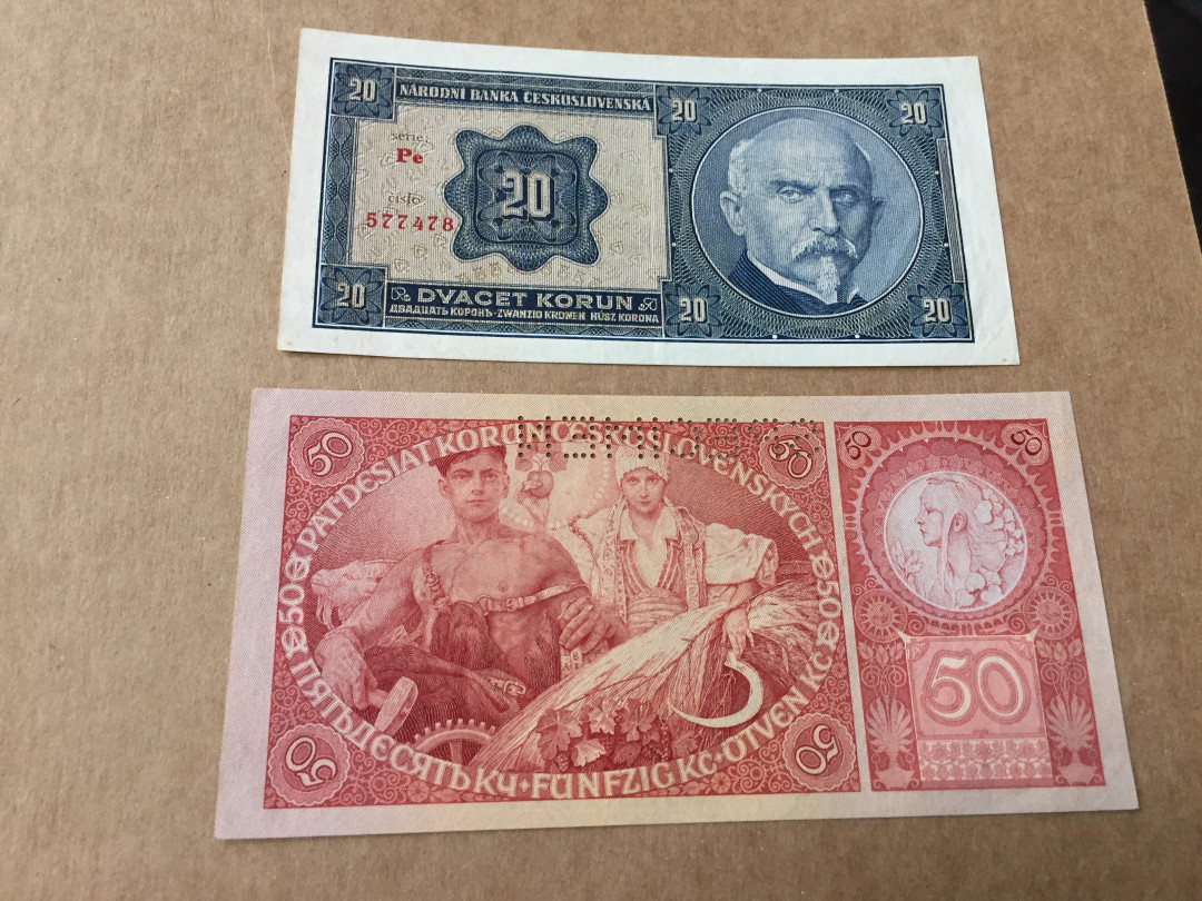 【收藏联盟】第140期拍卖——丰收的喜悦（共50拍） 【一组2张】捷克斯洛伐克 1929年 50克朗 样钞 XF品相 &1926年 20克朗 实钞 XF品相